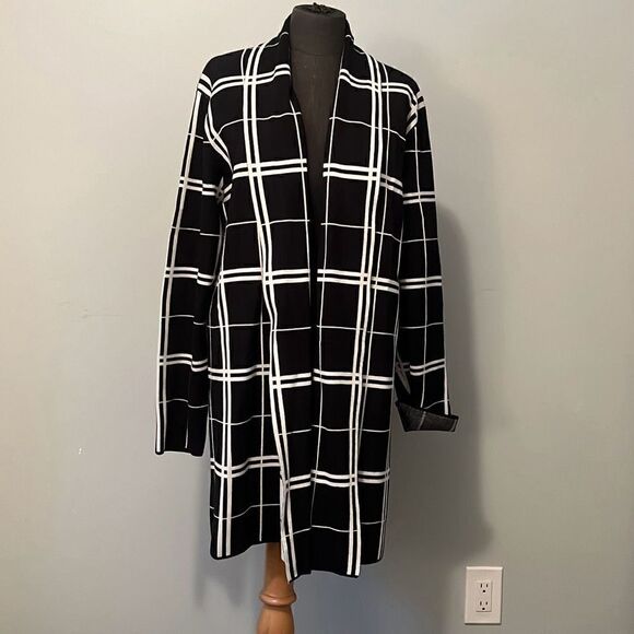 Premise Studio Women's Black White Plaid Open Front Knitted Cardigan Size XL - Picture 1 of 8